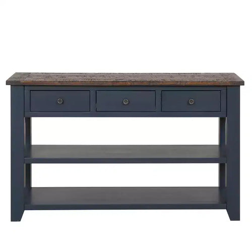 Table console à plateau en bois massif de 48 pouces avec 3 tiroirs de rangement et 2 étagères, bleu