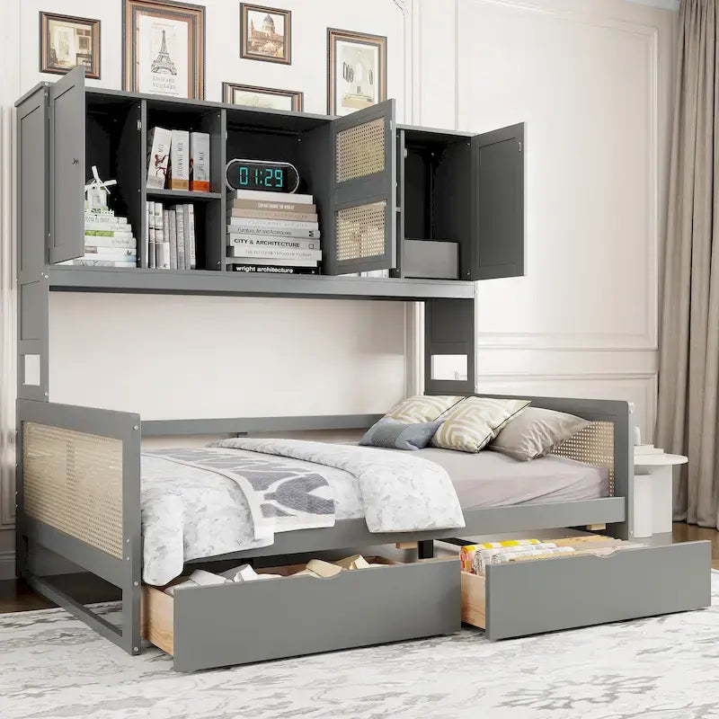 Lit de repos moderne en bois pleine grandeur avec cadre de lit plateforme, rangement tout-en-un, 2 tiroirs et étagère