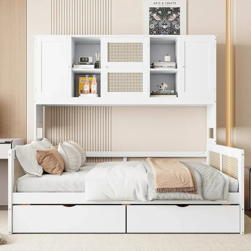 Lit de repos moderne en bois pleine grandeur avec cadre de lit plateforme, rangement tout-en-un, 2 tiroirs et étagère