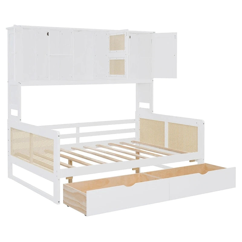 Lit de repos moderne en bois pleine grandeur avec cadre de lit plateforme, rangement tout-en-un, 2 tiroirs et étagère