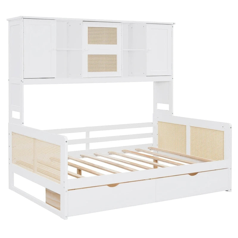 Lit de repos moderne en bois pleine grandeur avec cadre de lit plateforme, rangement tout-en-un, 2 tiroirs et étagère
