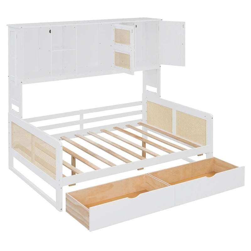 Lit de repos moderne en bois pleine grandeur avec cadre de lit plateforme, rangement tout-en-un, 2 tiroirs et étagère