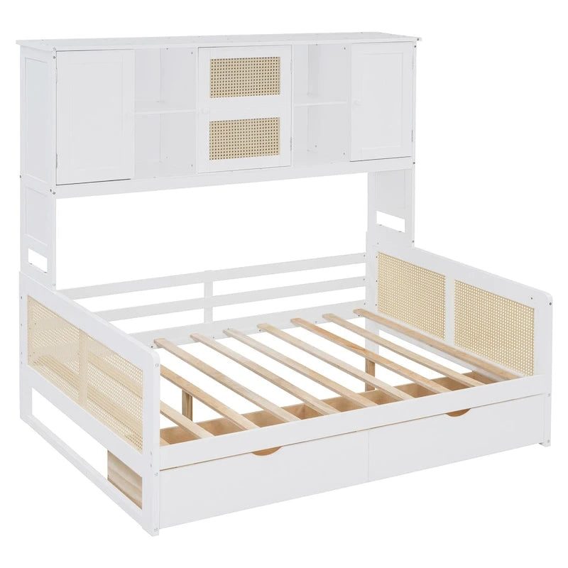 Lit de repos moderne en bois pleine grandeur avec cadre de lit plateforme, rangement tout-en-un, 2 tiroirs et étagère