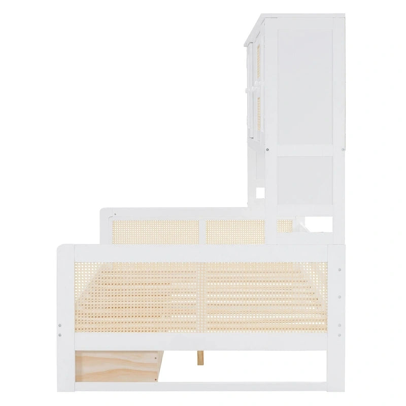 Lit de repos moderne en bois pleine grandeur avec cadre de lit plateforme, rangement tout-en-un, 2 tiroirs et étagère