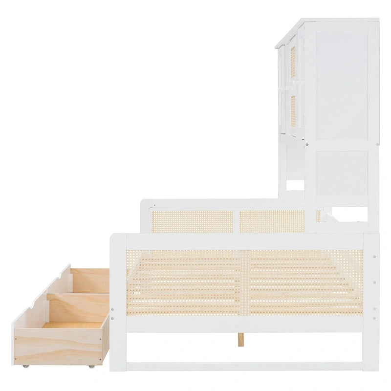 Lit de repos moderne en bois pleine grandeur avec cadre de lit plateforme, rangement tout-en-un, 2 tiroirs et étagère