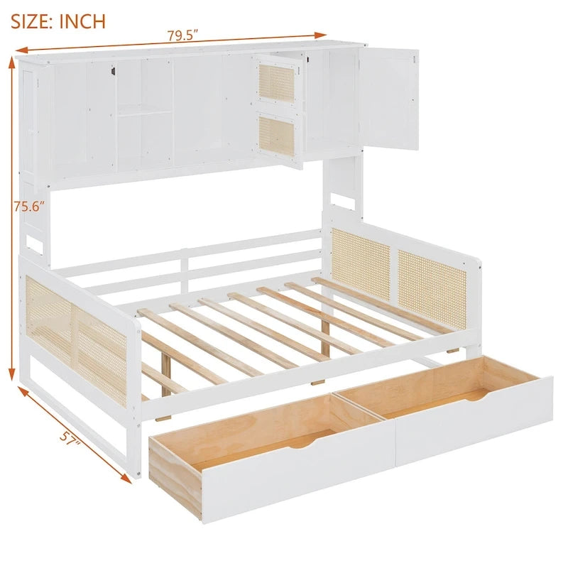 Lit de repos moderne en bois pleine grandeur avec cadre de lit plateforme, rangement tout-en-un, 2 tiroirs et étagère