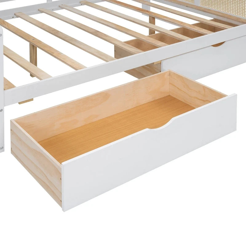 Lit de repos moderne en bois pleine grandeur avec cadre de lit plateforme, rangement tout-en-un, 2 tiroirs et étagère