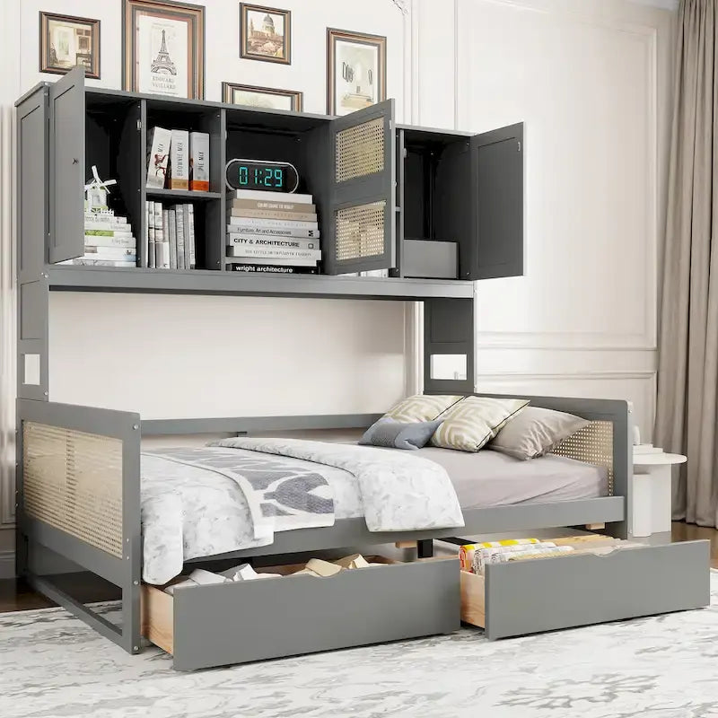 Lit de repos moderne en bois pleine grandeur avec cadre de lit plateforme, rangement tout-en-un, 2 tiroirs et étagère