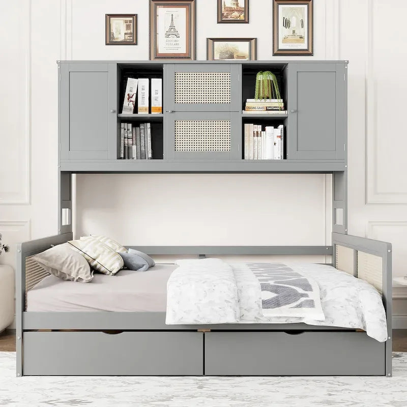 Lit de repos moderne en bois pleine grandeur avec cadre de lit plateforme, rangement tout-en-un, 2 tiroirs et étagère