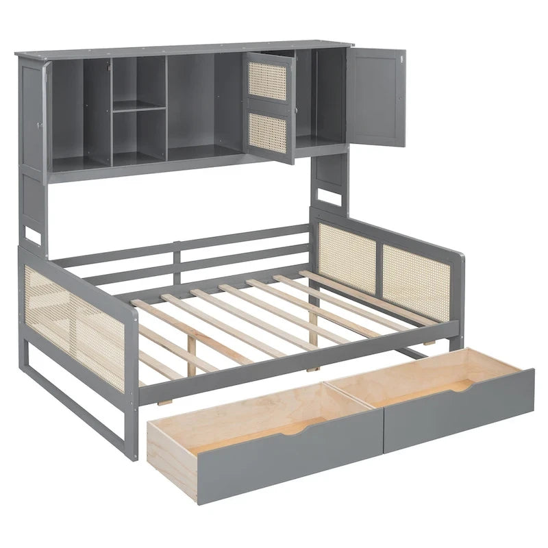 Lit de repos moderne en bois pleine grandeur avec cadre de lit plateforme, rangement tout-en-un, 2 tiroirs et étagère
