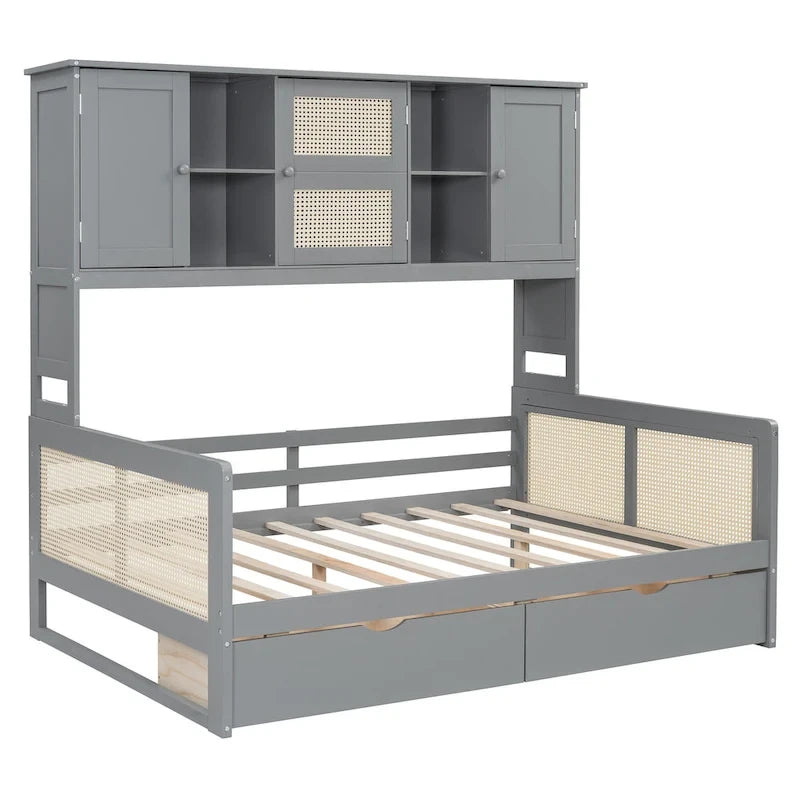 Lit de repos moderne en bois pleine grandeur avec cadre de lit plateforme, rangement tout-en-un, 2 tiroirs et étagère