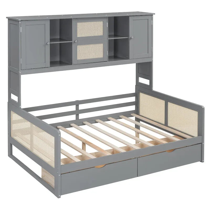 Lit de repos moderne en bois pleine grandeur avec cadre de lit plateforme, rangement tout-en-un, 2 tiroirs et étagère