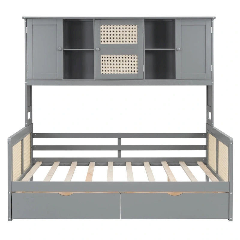 Lit de repos moderne en bois pleine grandeur avec cadre de lit plateforme, rangement tout-en-un, 2 tiroirs et étagère