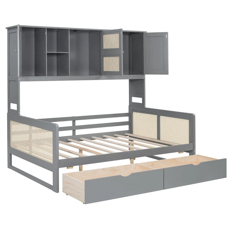 Lit de repos moderne en bois pleine grandeur avec cadre de lit plateforme, rangement tout-en-un, 2 tiroirs et étagère