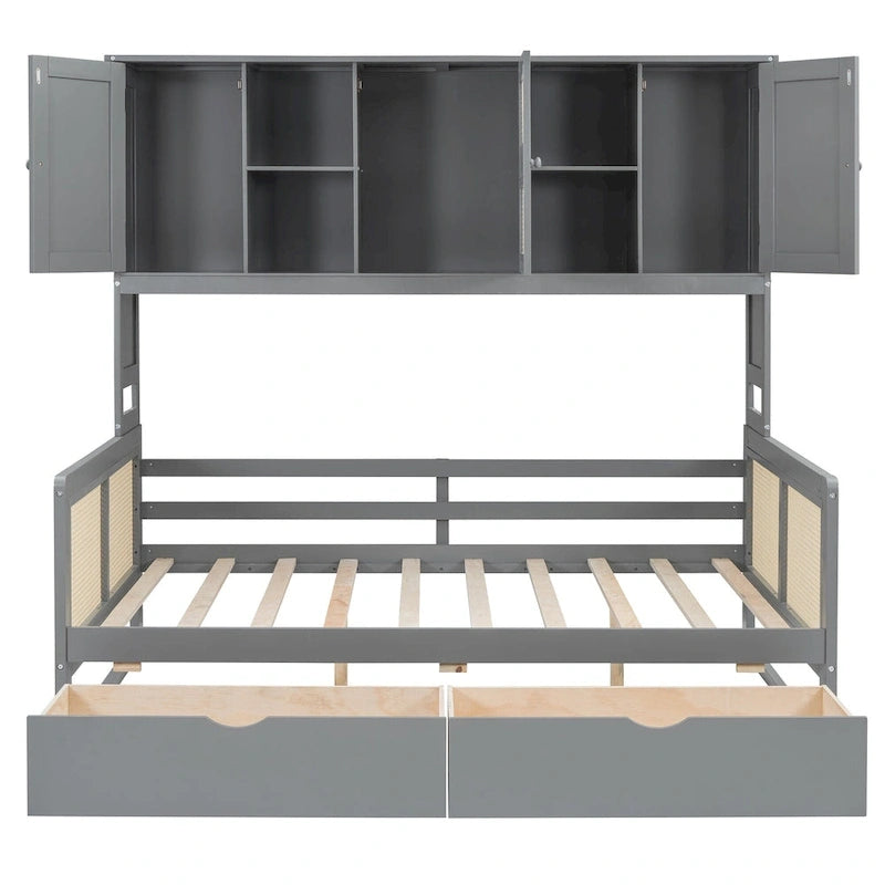 Lit de repos moderne en bois pleine grandeur avec cadre de lit plateforme, rangement tout-en-un, 2 tiroirs et étagère