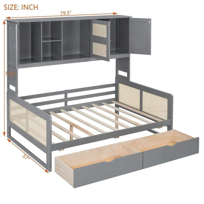 Lit de repos moderne en bois pleine grandeur avec cadre de lit plateforme, rangement tout-en-un, 2 tiroirs et étagère