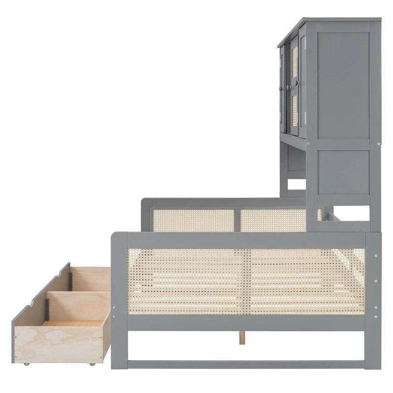 Lit de repos moderne en bois pleine grandeur avec cadre de lit plateforme, rangement tout-en-un, 2 tiroirs et étagère