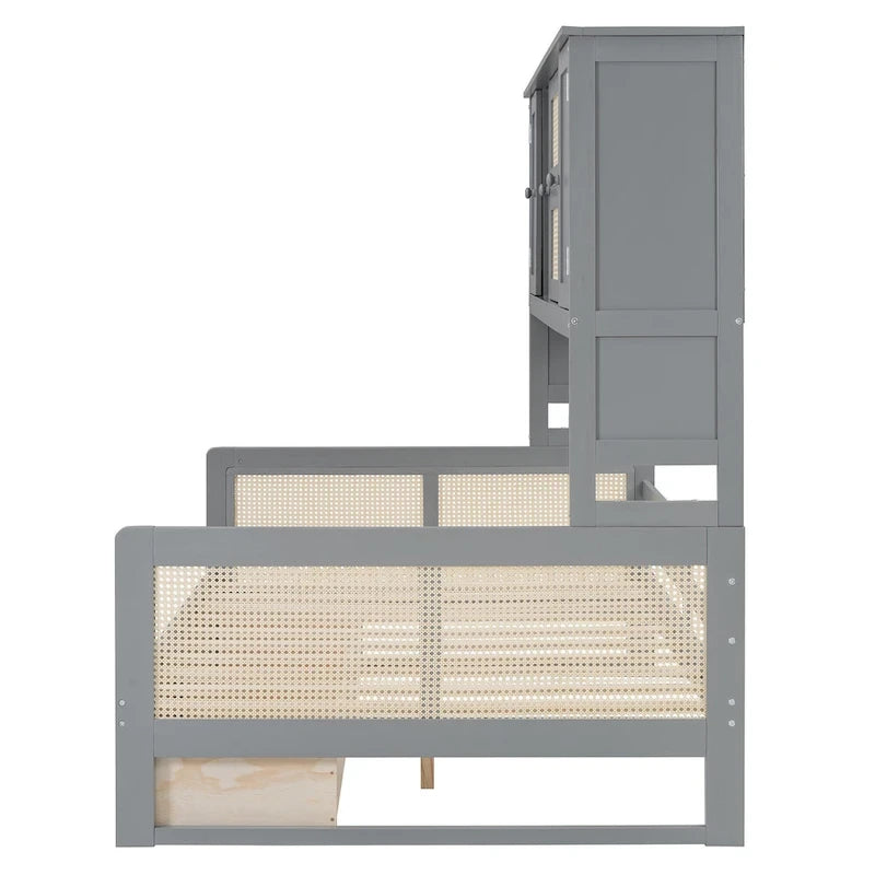 Lit de repos moderne en bois pleine grandeur avec cadre de lit plateforme, rangement tout-en-un, 2 tiroirs et étagère