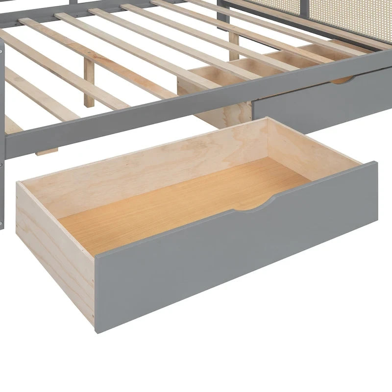 Lit de repos moderne en bois pleine grandeur avec cadre de lit plateforme, rangement tout-en-un, 2 tiroirs et étagère