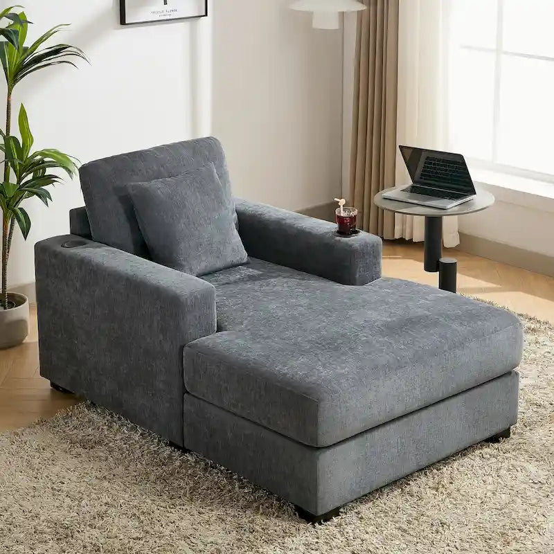 Chaise longue surdimensionnée Canapé moderne avec oreillers, station de charge et porte-gobelets