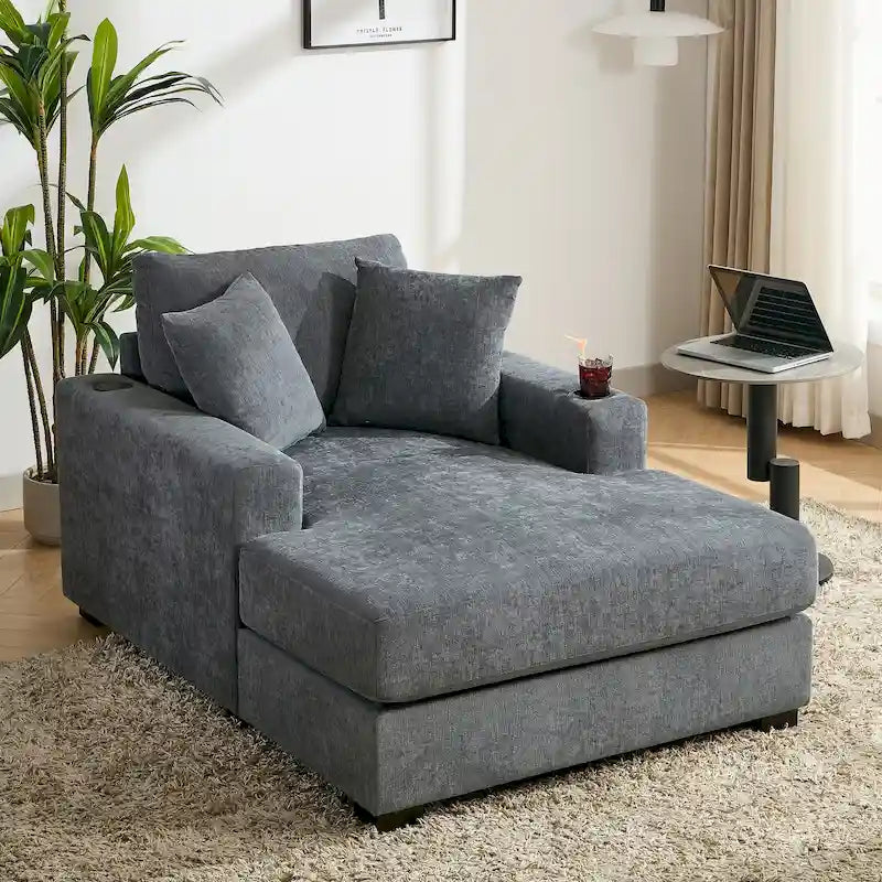 Chaise longue surdimensionnée Canapé moderne avec oreillers, station de charge et porte-gobelets
