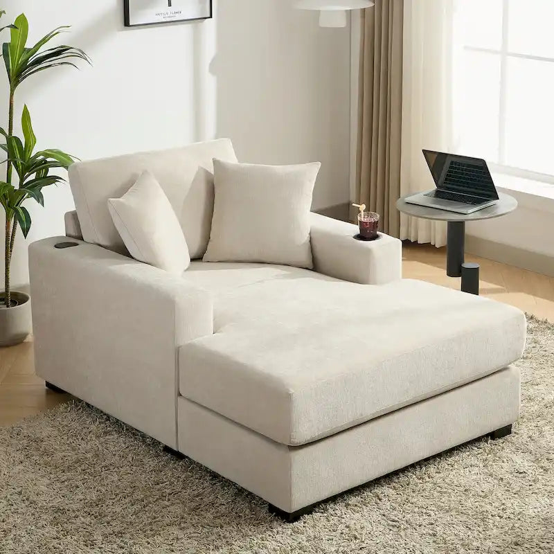 Chaise longue surdimensionnée Canapé moderne avec oreillers, station de charge et porte-gobelets