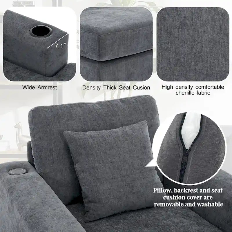 Chaise longue surdimensionnée Canapé moderne avec oreillers, station de charge et porte-gobelets