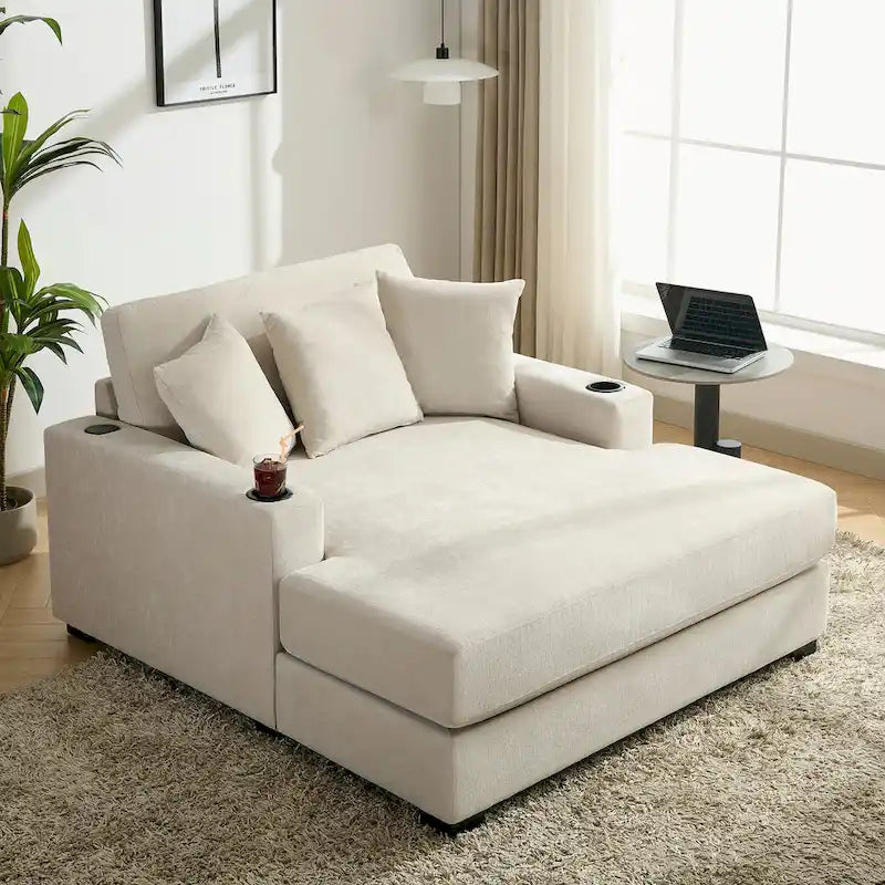 Chaise longue surdimensionnée Canapé moderne avec oreillers, station de charge et porte-gobelets