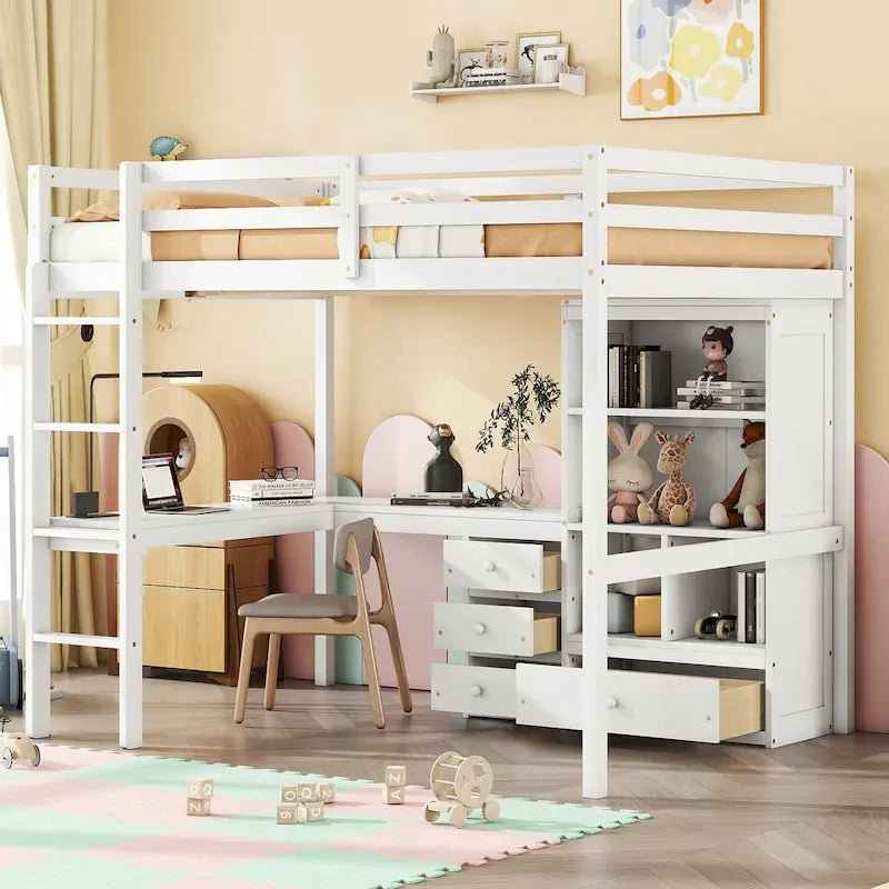 Lit mezzanine en bois pleine grandeur avec bureau en L, étagères de rangement et tiroirs