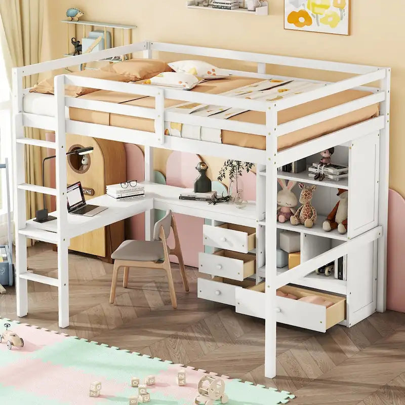 Lit mezzanine en bois pleine grandeur avec bureau en L, étagères de rangement et tiroirs