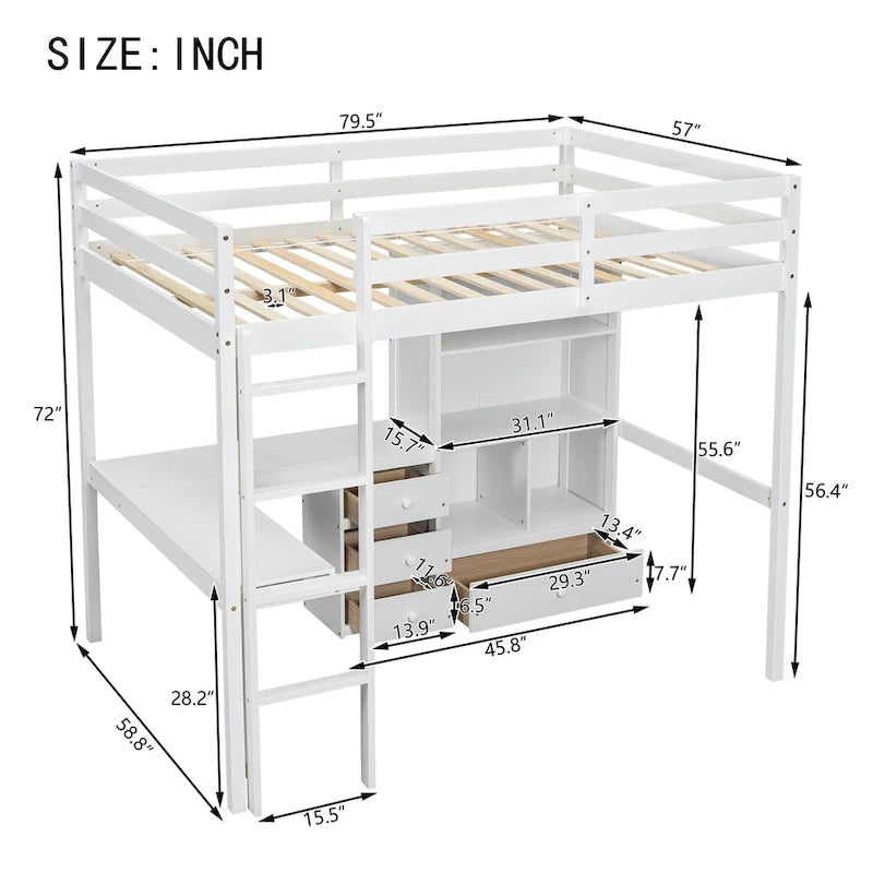 Lit mezzanine en bois pleine grandeur avec bureau en L, étagères de rangement et tiroirs