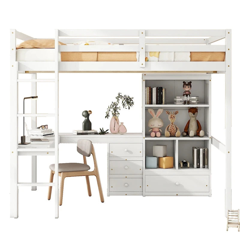 Lit mezzanine en bois pleine grandeur avec bureau en L, étagères de rangement et tiroirs