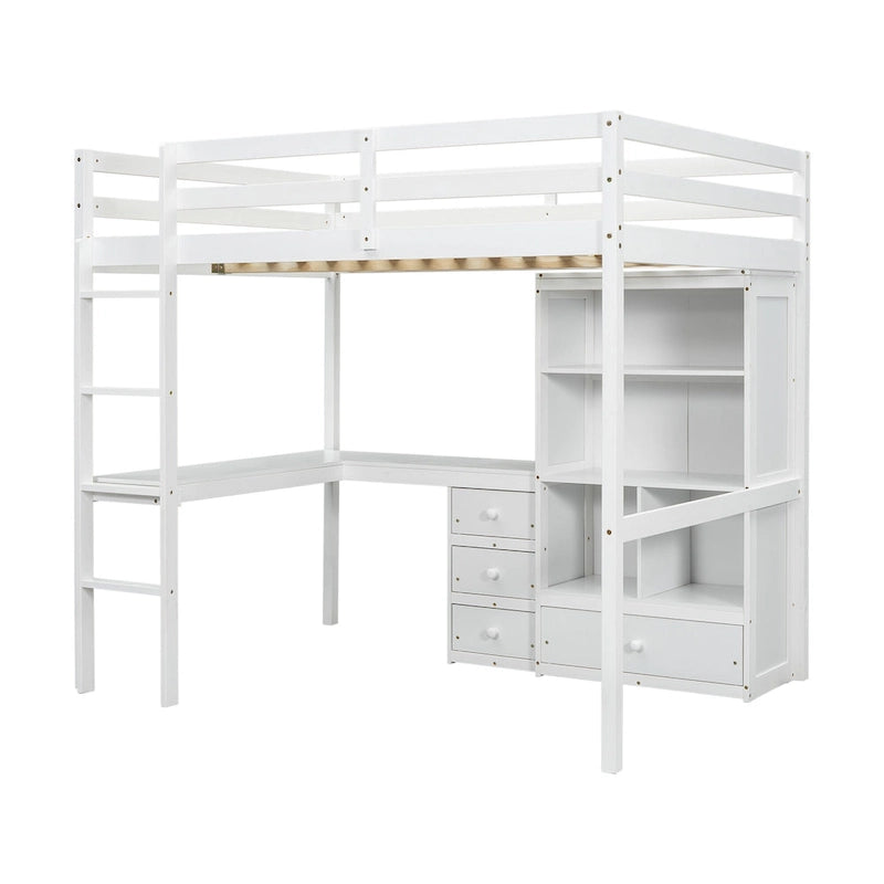 Lit mezzanine en bois pleine grandeur avec bureau en L, étagères de rangement et tiroirs