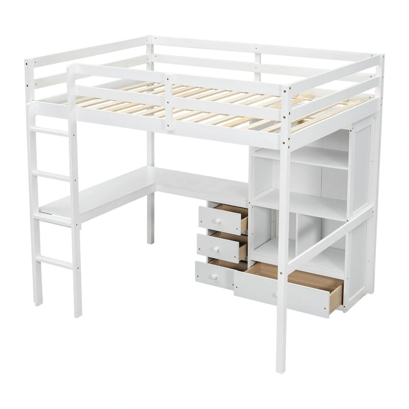 Lit mezzanine en bois pleine grandeur avec bureau en L, étagères de rangement et tiroirs