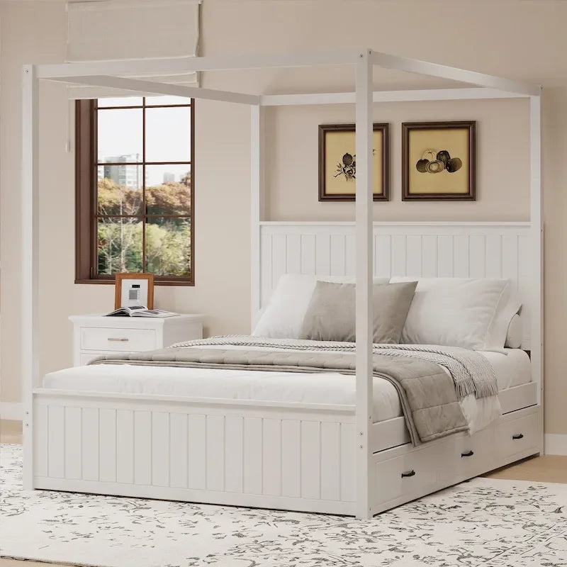 Lit plateforme baldaquin Queen size avec lit gigogne et 3 tiroirs de rangement, cadre de lit en bois massif à 4 poteaux avec tête de lit à oreilles