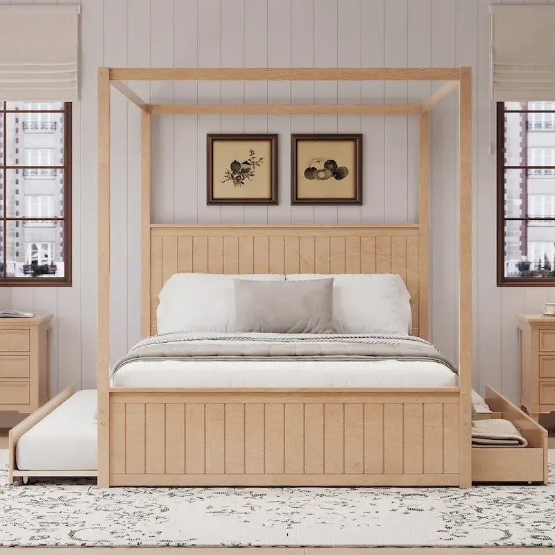 Lit plateforme baldaquin Queen size avec lit gigogne et 3 tiroirs de rangement, cadre de lit en bois massif à 4 poteaux avec tête de lit à oreilles