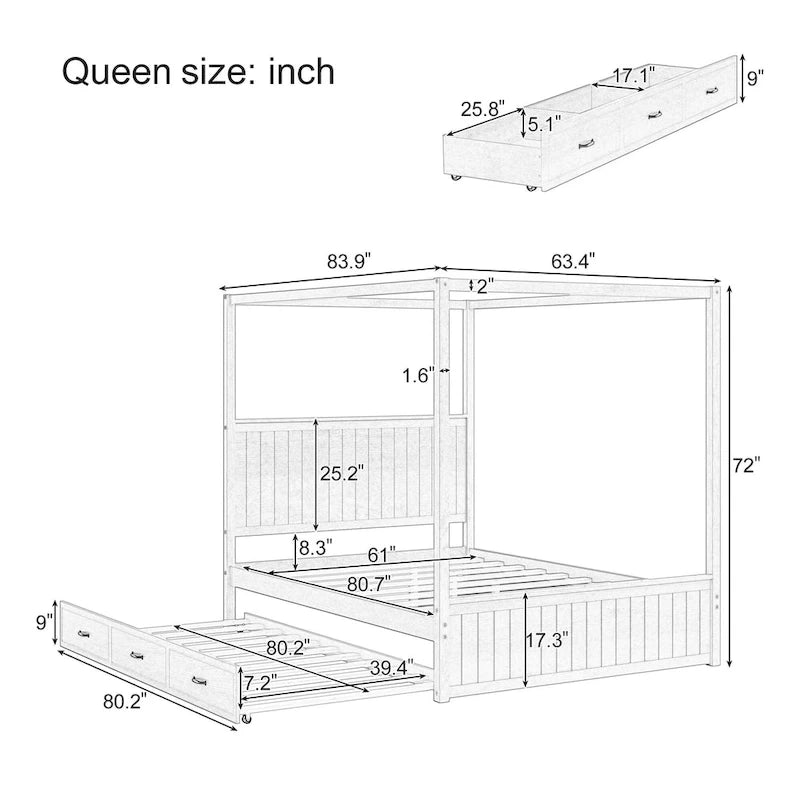Lit plateforme baldaquin Queen size avec lit gigogne et 3 tiroirs de rangement, cadre de lit en bois massif à 4 poteaux avec tête de lit à oreilles