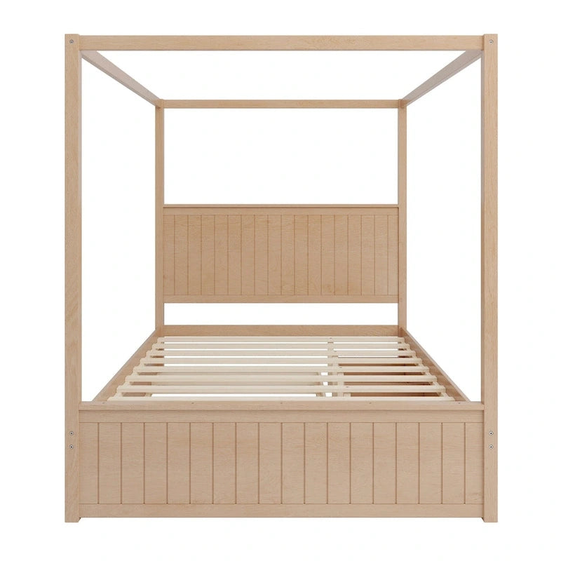 Lit plateforme baldaquin Queen size avec lit gigogne et 3 tiroirs de rangement, cadre de lit en bois massif à 4 poteaux avec tête de lit à oreilles