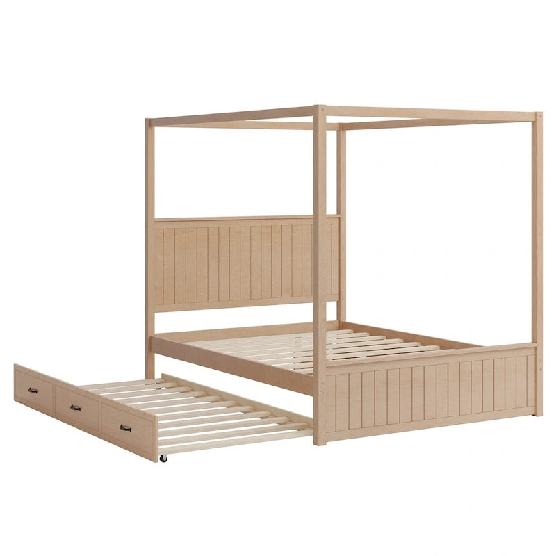 Lit plateforme baldaquin Queen size avec lit gigogne et 3 tiroirs de rangement, cadre de lit en bois massif à 4 poteaux avec tête de lit à oreilles