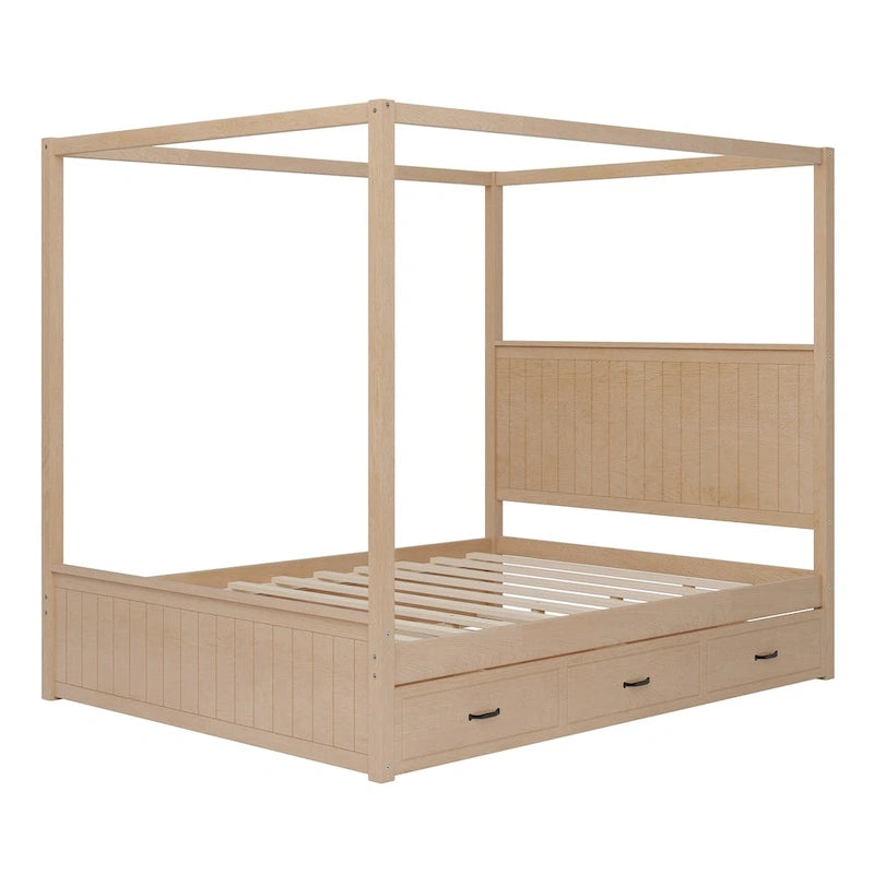 Lit plateforme baldaquin Queen size avec lit gigogne et 3 tiroirs de rangement, cadre de lit en bois massif à 4 poteaux avec tête de lit à oreilles