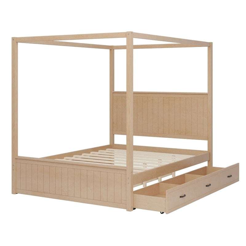 Lit plateforme baldaquin Queen size avec lit gigogne et 3 tiroirs de rangement, cadre de lit en bois massif à 4 poteaux avec tête de lit à oreilles