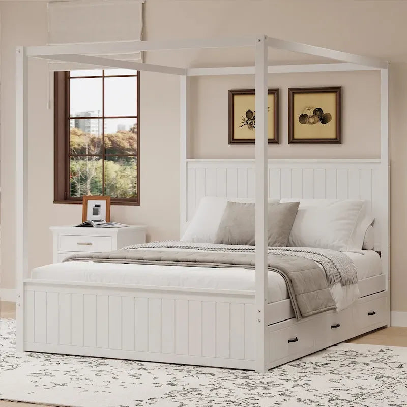 Lit plateforme baldaquin Queen size avec lit gigogne et 3 tiroirs de rangement, cadre de lit en bois massif à 4 poteaux avec tête de lit à oreilles