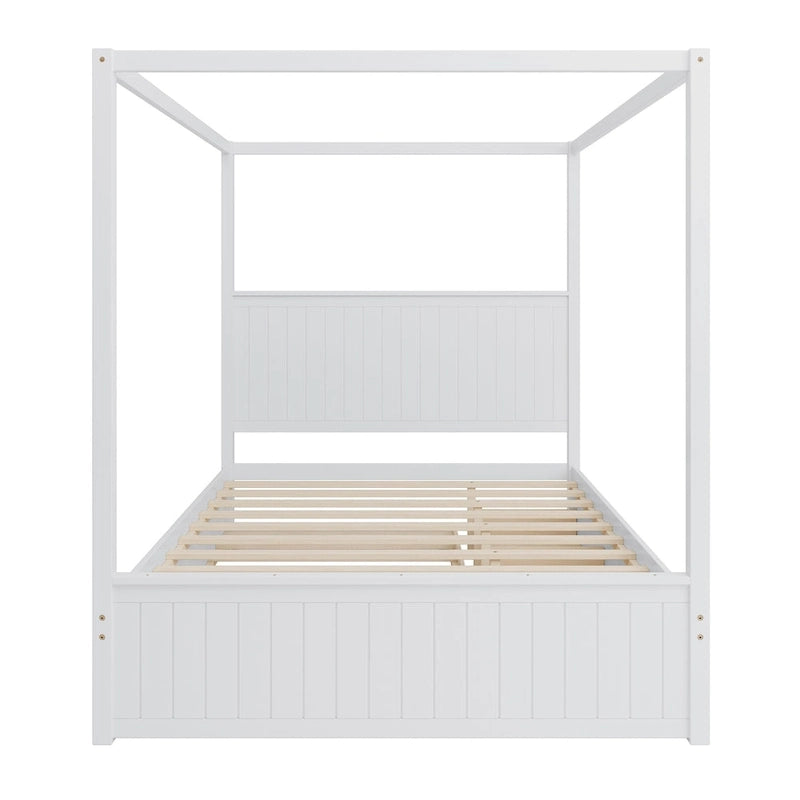 Lit plateforme baldaquin Queen size avec lit gigogne et 3 tiroirs de rangement, cadre de lit en bois massif à 4 poteaux avec tête de lit à oreilles