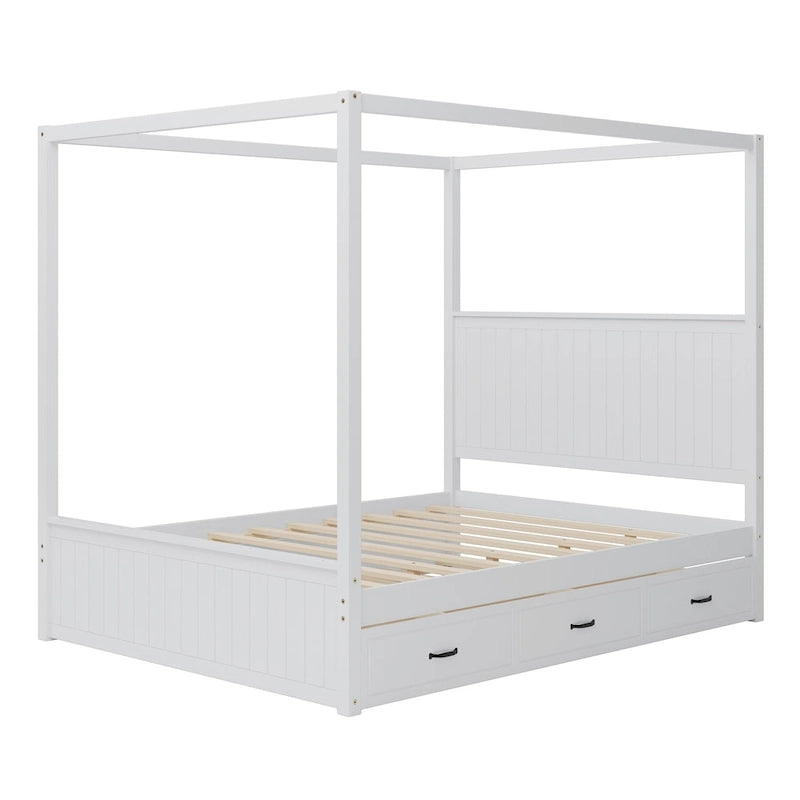 Lit plateforme baldaquin Queen size avec lit gigogne et 3 tiroirs de rangement, cadre de lit en bois massif à 4 poteaux avec tête de lit à oreilles