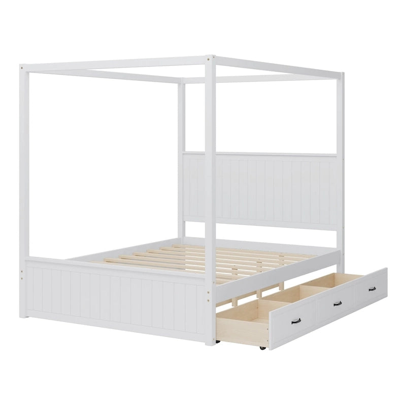 Lit plateforme baldaquin Queen size avec lit gigogne et 3 tiroirs de rangement, cadre de lit en bois massif à 4 poteaux avec tête de lit à oreilles
