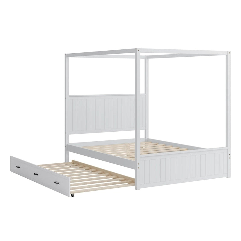 Lit plateforme baldaquin Queen size avec lit gigogne et 3 tiroirs de rangement, cadre de lit en bois massif à 4 poteaux avec tête de lit à oreilles