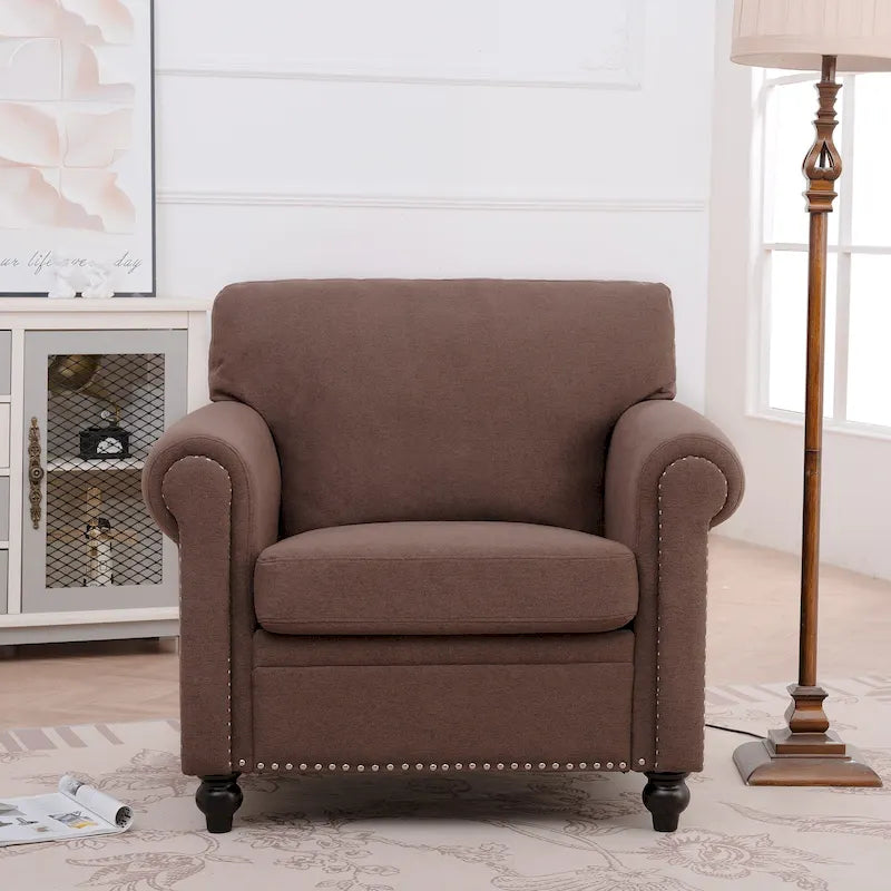 Fauteuil d'appoint marron moderne de 95 cm, rembourré, avec cadre en bois massif et clous décoratifs, pour salon