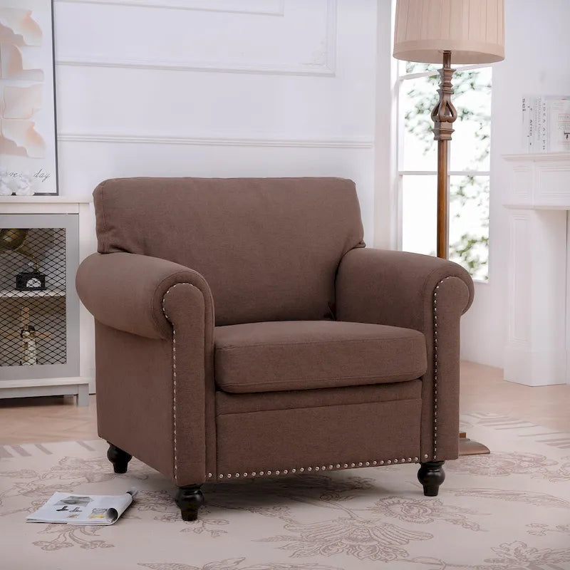 Fauteuil d'appoint marron moderne de 95 cm, rembourré, avec cadre en bois massif et clous décoratifs, pour salon