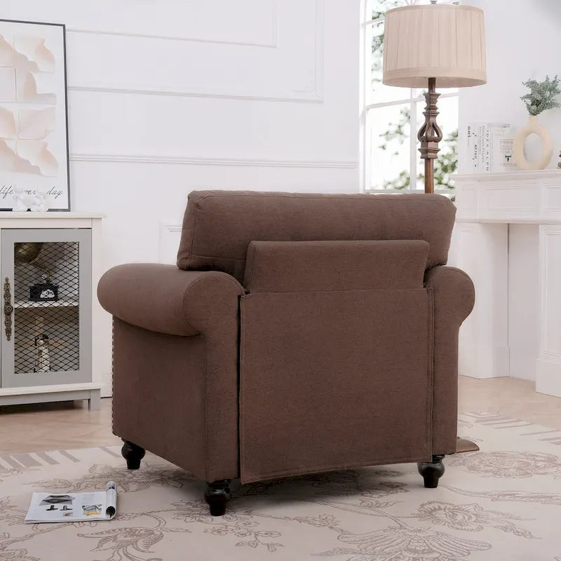 Fauteuil d'appoint marron moderne de 95 cm, rembourré, avec cadre en bois massif et clous décoratifs, pour salon