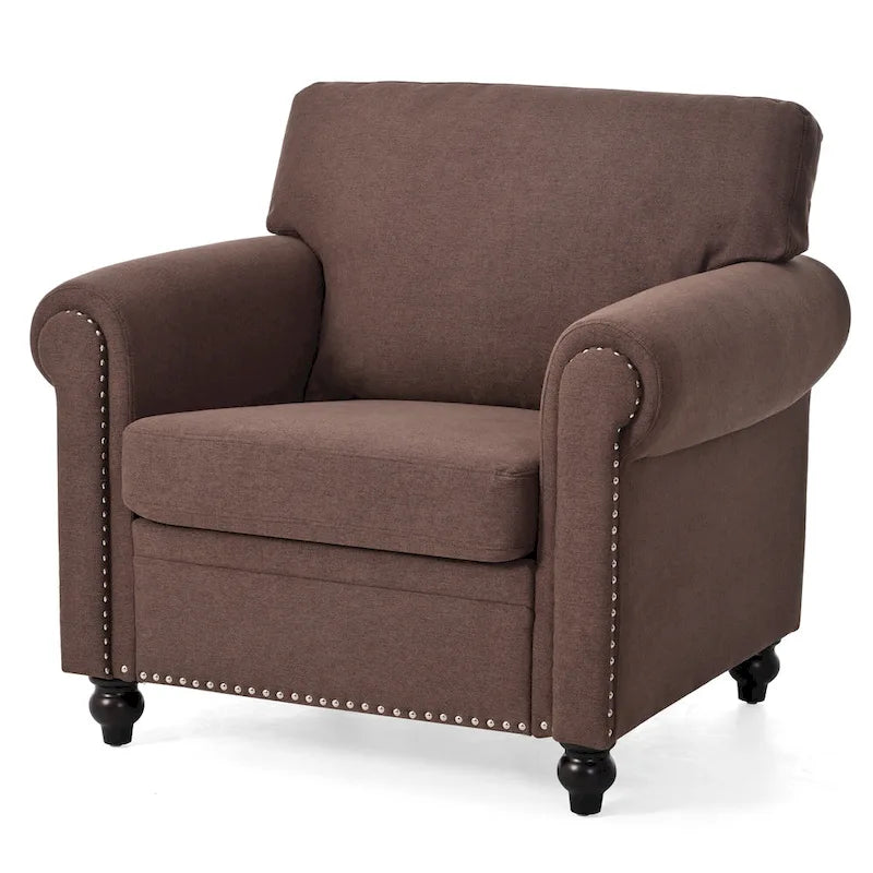 Fauteuil d'appoint marron moderne de 95 cm, rembourré, avec cadre en bois massif et clous décoratifs, pour salon